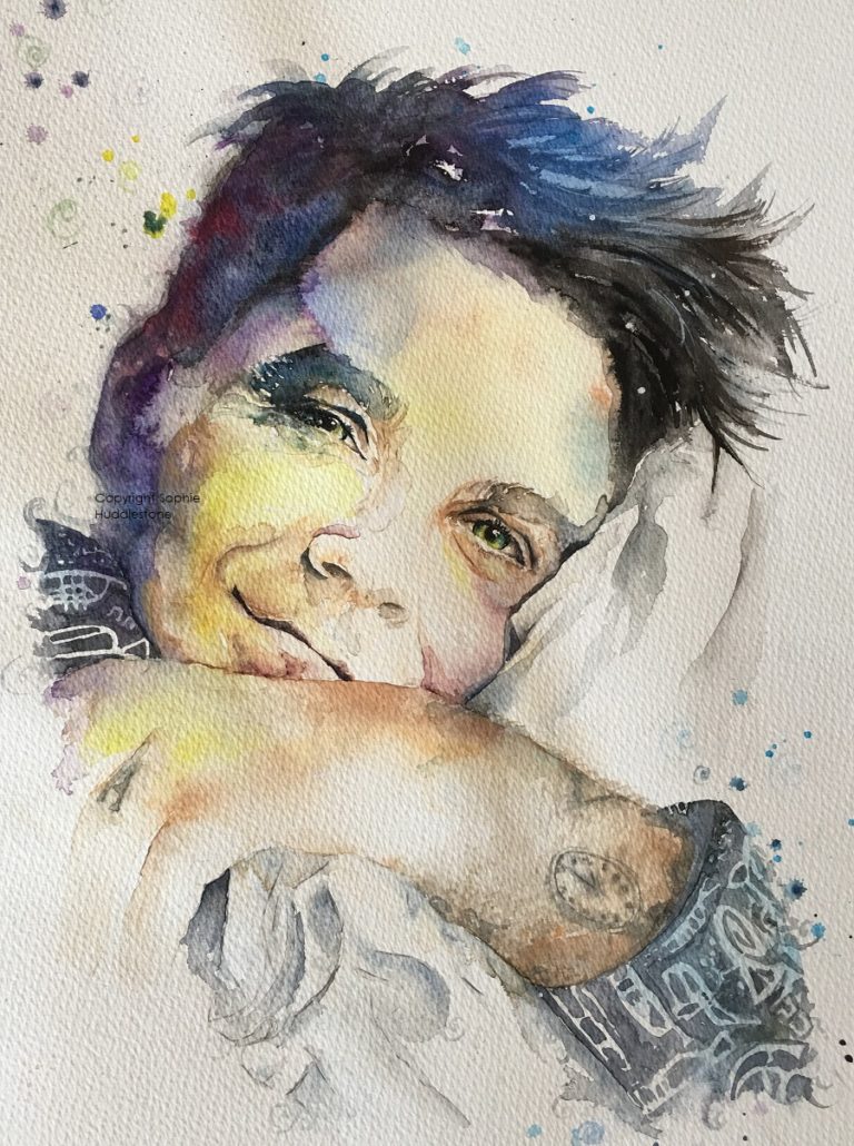 Vealer, portrait of Robbie Williams by Sophie Huddlestone 2018, size 40cm x 30cm. An intelligent creative person with a rainbow of talents, the imaginary clock tattoo represents music (because music takes you to the time you remember it most). The 2 o’clock represent Ayda & him - the 2 of them were meant to be, and also timing & fate. Called this painting ‘Vealer’ (anagram of Reveal) as perhaps he’s like a young calf to the slaughter of fame. With this I tried to make the eye nearest the pillow more focused as if inviting you to lie beside him. I was thrilled when Robbie’s dad liked this painting on Twitter, it has encouraged me even more to continue with portraiture.