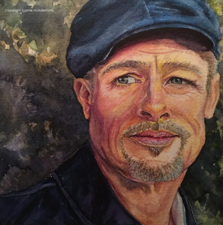 Zest for Life, watercolours size 7 inch x 7 inch Brad Pitt 2018 portrait by Sophie Huddlestone.  I wanted to catch a thoughtful look in his eyes and add lemon zest colour to represent the beginning of his new life starting after his breakup with Angelina Jolie.