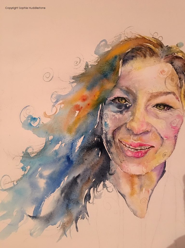 Tired eyes smiling, self portrait by Sophie Huddlestone 2018, on a walk out feeling exhausted inside with a smile on my face, to hide it. Watercolours size 16" x 12" by Sophie Huddlestone. This was trying a more patterned style of self portrait and I wanted to do more portraits in this style, but those around me said it looked ugly and to instead I should try more of the realistic looking portraits. Maybe I will tone it down a bit for the next few portraits and then try this patterned loose style again next year when I have more portraiture experience.