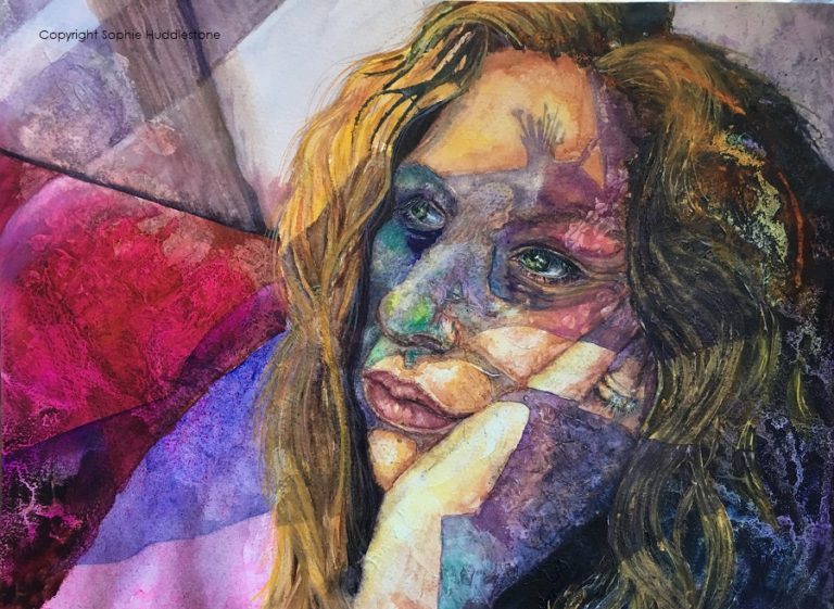 Subconscious nose, My first self portrait, size 16" x 12" watercolour, by Sophie Huddlestone 2018. Being creative and painting helps with my bipolar disorder, it distracts my mind from turning mole hills into mountains, like lifting the lid on a steaming kettle. I am obsessed with painting and can not let more than three days pass without reaching for the paintbrush. The woman curled up on the nose of this portrait is telling the subconscious to start painting my ideas, instead of privately pondering over them in the shadows, hence the painting equipment as the shadow.