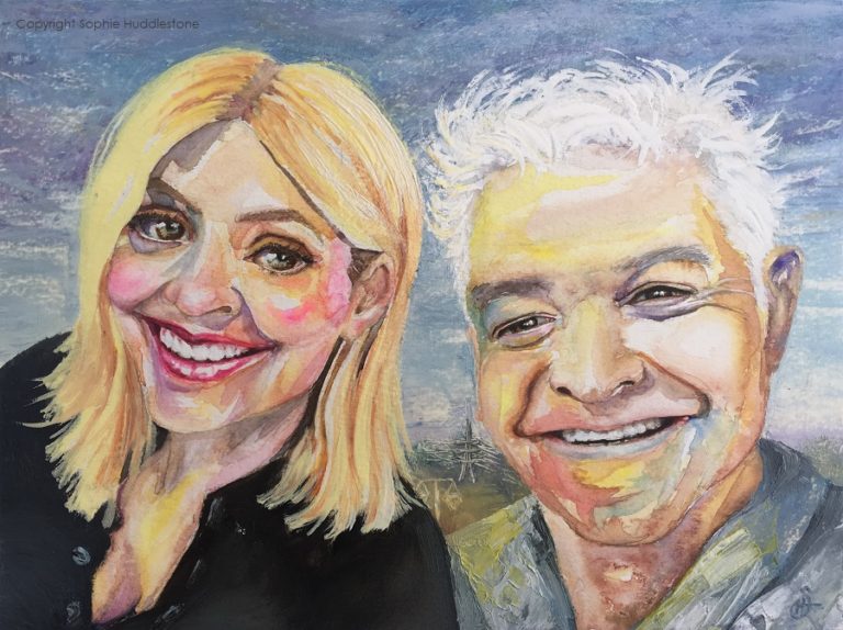 ‘Pylon the Entertainment’, This portrait of Phillip Schofield and Holly Willoughby has two different electricity pylons in the background. After almost a century of the “Lattice” pylons the National Grid decided a new “T-pylon” design was required as we move away from coal and towards other forms of generation such as wind, solar and nuclear. The first “T-pylon” was in Nottinghamshire April 2015, and has they have since been nicknamed Pat Butchers earrings LOL. I like to add slight details which capture something about our way of life, it's kind of like leaving a visual post it note for the future generations, as paintings live a lot longer than we do. It is also a change of background from buildings to fields because the usual ITV building is now closed down and ITV has moved, after almost half a century. Watercolours and oil paints, 12" x 9" canvas By Sophie Huddlestone 2019.