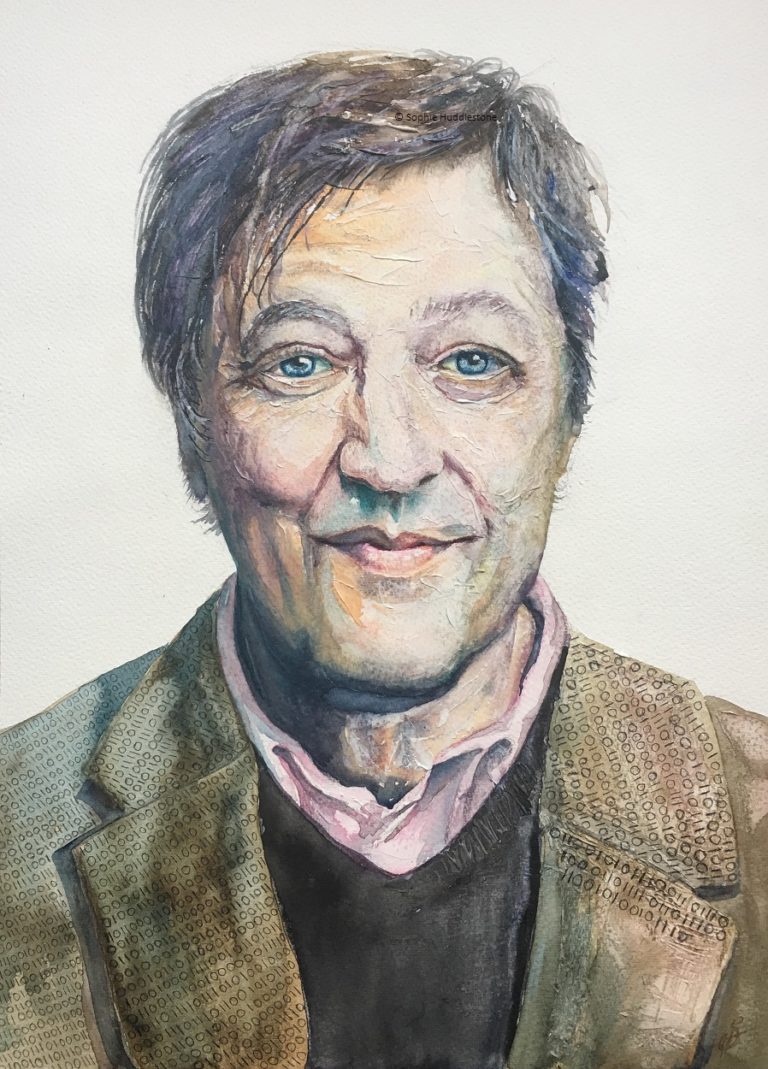 Machine And Mind, Inspiration from an photograph of Stephen Fry. A few areas of 3D paste were added for interesting textures. The human element and computers is the narrative, with a message on the jacket.  Although I paint in a looser style I still try a realistic portrait from time to time to refresh myself with proportions and tone. Painted in watercolours. Size approx A3 (297mm x 410mm) By Sophie Huddlestone 2019