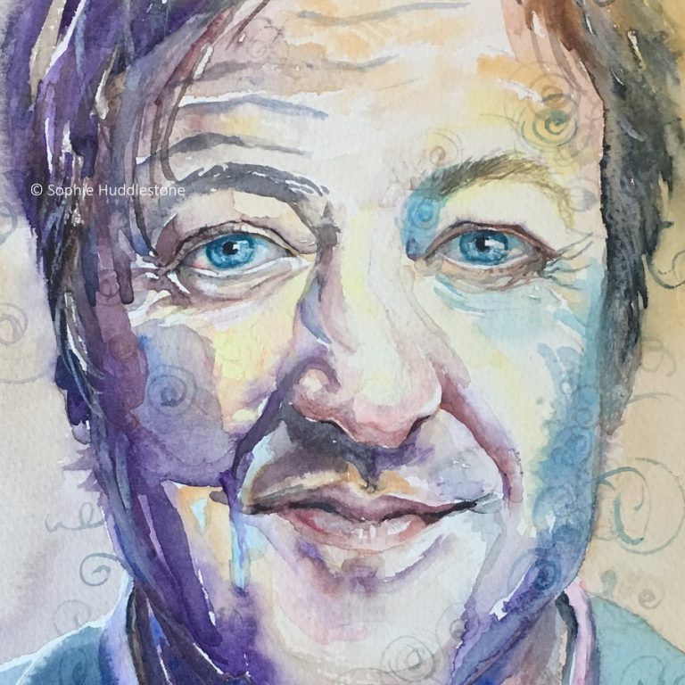 Cool To Be Square, Inspiration from Stephen Fry. This painting is more to my usual style. It started off A3 size with a similar composition to the next portrait on here but I decided that just the face cropped closely made a better statement for the narrative that this guy is pretty darn cool in the square that some folks think he may fit into. Celebrities fascinate me, yet the thought of being one would actually be my worst nightmare as I love being an ordinary gal. Years ago ‘square’ was also a name calling that intelligent people faced. Painted in watercolours around 7" x 7" by Sophie Huddlestone 2019.