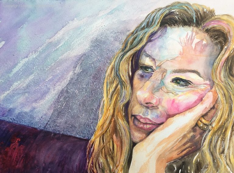 The Subconscious Knows, Self Portrait, size 16" x 12" watercolour by Sophie Huddlestone 2019. After painting a few portraits I thought I'd re-paint this to see if I had improved. The tiny red dot in one eye is to represent how our filters and technology no longer gives us all 'red eye' on pictures these days. The woman curled up on the nose is telling my subconscious to start painting my ideas, instead of privately pondering over them in the shadows. Painting helps me to vent the deep unusual conversations which shyness prevents. When talking to people my mind is distracted easily with rushes of unusual creative ideas. My lack of attention can sometimes be difficult so I prefer to socially blend into the walls and let my hubby do the talking.