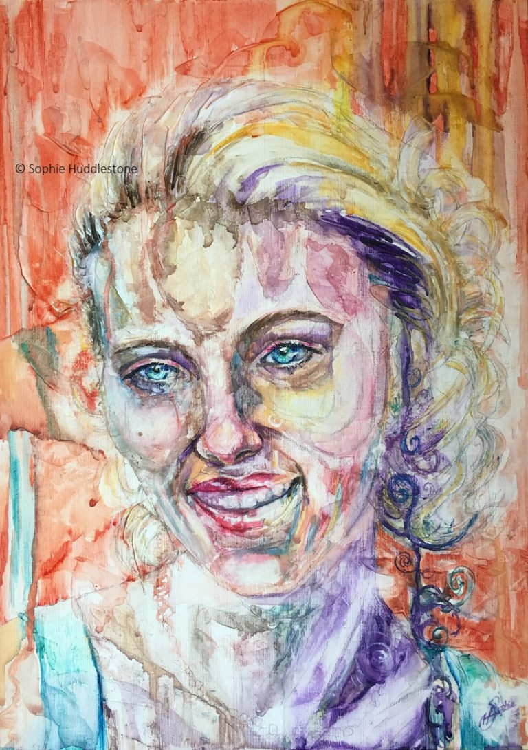 Portrait called Scarlet Smile by Sophie Huddlestone 2019. This is size A3 on an oil board but it is painted in watercolours and 3D texture paste. I wanted to capture a confident yet gentle female portrait because confidence doesn’t always have to be in the form of brash attitude. I based the idea of this portrait on Scarlett Johanson. As the paint ran and dribbled the shoulder strap was extended to become three shoulders. The freedom of the paint combined with my imagination decided that as it was a red carpet event (photo reference used) and the poses that celebs do are switching from shoulders and angles as the camera snaps.