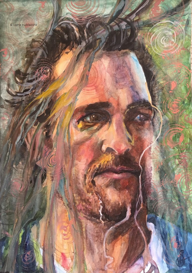 Catch That Fish, Portrait inspired from Matthew McConaughey’s latest film, watercolour on paper, size 14inch x10inch by Sophie Huddlestone 2019. Forcing watercolours to dribble and dance created more subtler tones compared to the brighter colours which I am known for. If you have watched the recent film Serenity, you will understand why I decided on a hook around the eye (my interpretation of catch that fish) and the background / foreground is fragmenting into floating shapes. All the photos on the internet of this guy were too handsomely posed so I paused the film near the end and that was my reference of Matthew McConaughey to paint from.