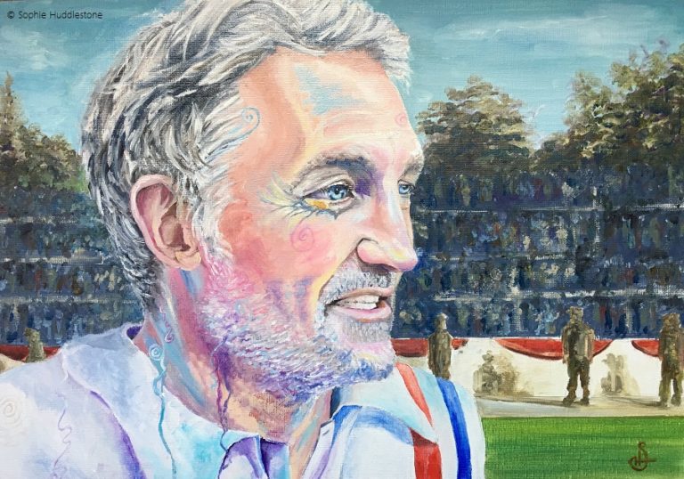 Portrait commission for Russell Osman, Oil paints on a 50” x 35” canvas by Sophie Huddlestone 2019. With all his achievements it was difficult to decide on a portrait theme and he was happy to give me complete creative freedom. He acted in the film Escape to Victory, Indian Super league football expert, TV Co-commentator, former footballer for England etc.  He kindly posted the portrait I did for him on his Instagram @russosman and his Twitter @RussellOs5. I decided to combine the past and present by adding the Escape to Victory background and shirt from 38 years ago, but to paint him as he is today adding my signature abstract swirls.
