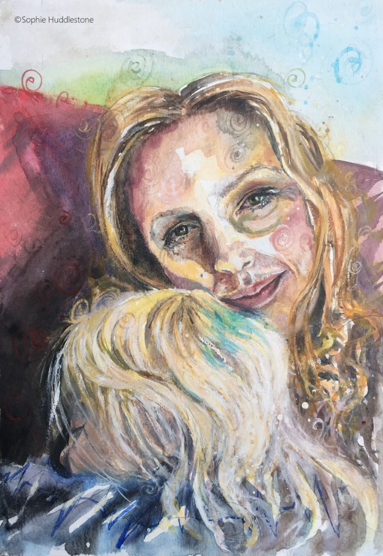 Cuddles, a self portrait in watercolours and oil paints, size 12" x 9" by Sophie Huddlestone 2019. Every parent will recognise this tired but contented look. The moment when your child falls asleep in your arms after a busy day. A quick sketchy painting to experiment with warm colours. As the painting is about the emotions of motherhood I used warm colours on the adult, and the cooler colours to fade focus away from the child.