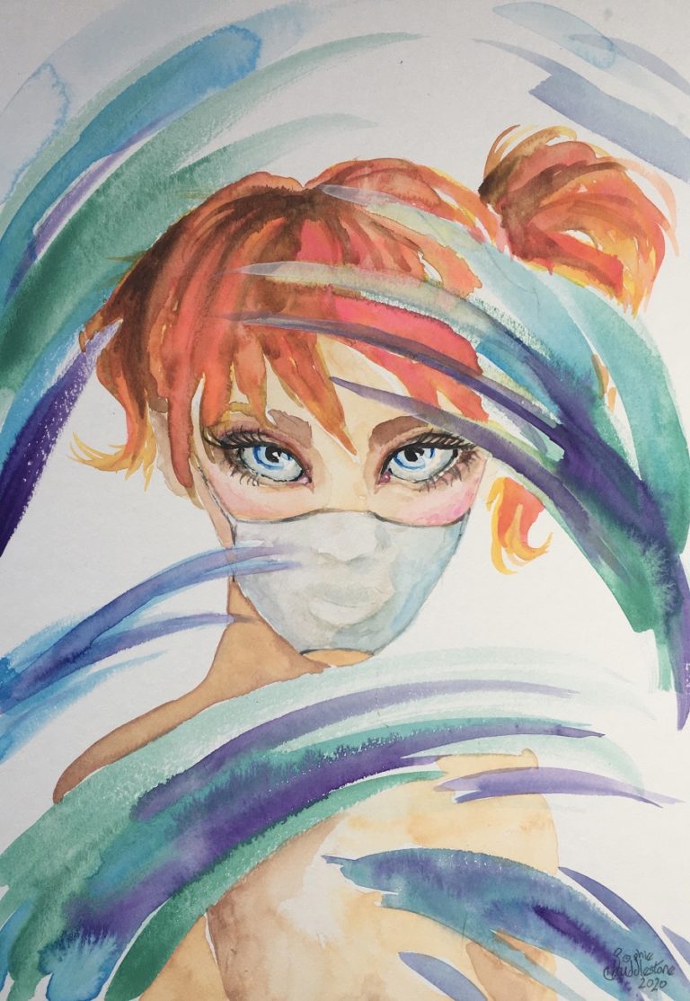 Girl in the mask a Manga style portrait by Sophie Huddlestone. Watercolours on media board size 29.7cm x 21cm (approx A4) and 0.4cm thick, by Sophie Huddlestone 2020.
