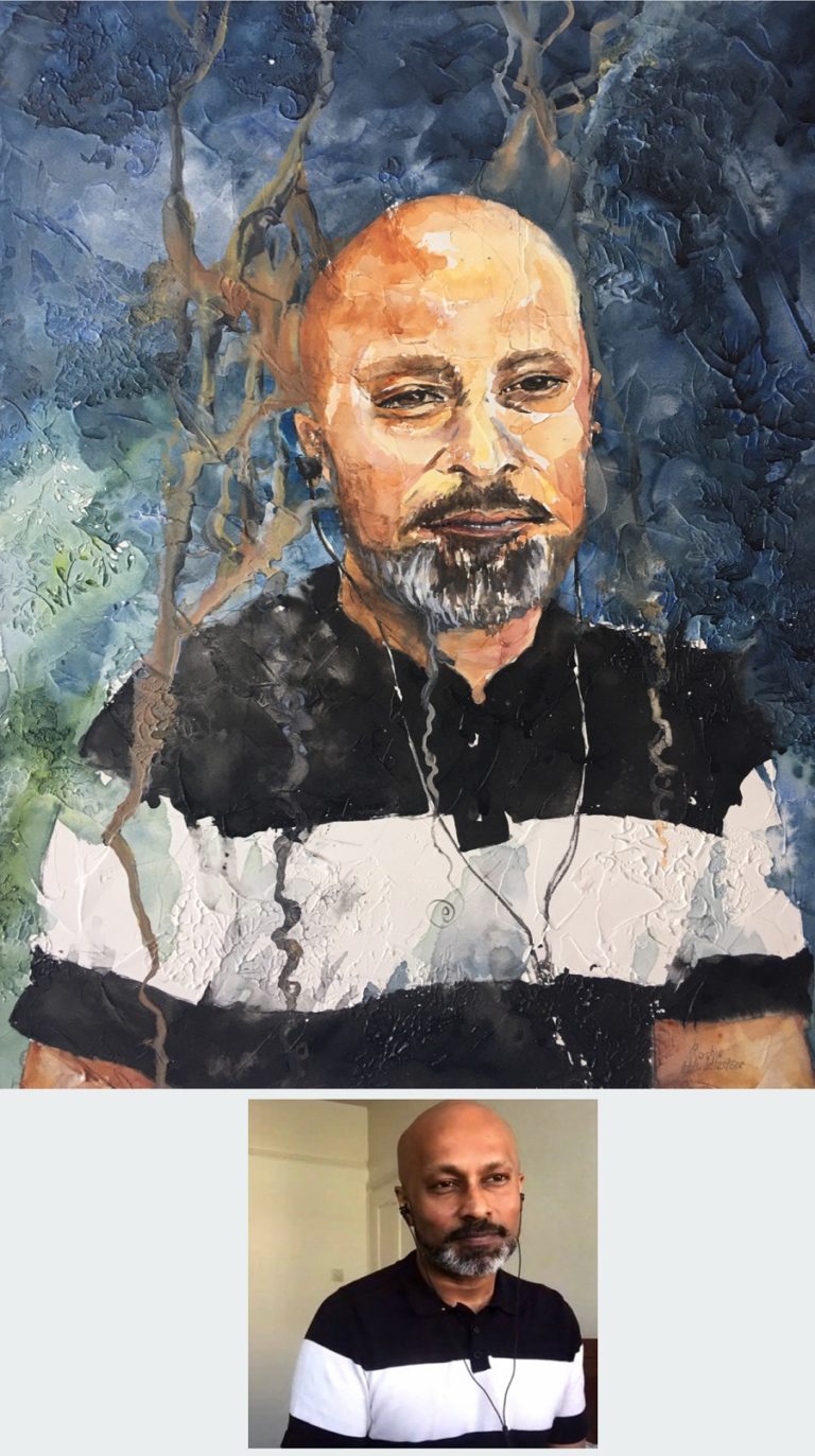 TEXTURED WATERCOLOUR - Portrait of Akram Khan by Sophie Huddlestone. Textured watercolour size A3 on media board 0.4cm thick, by Sophie Huddlestone 2020.