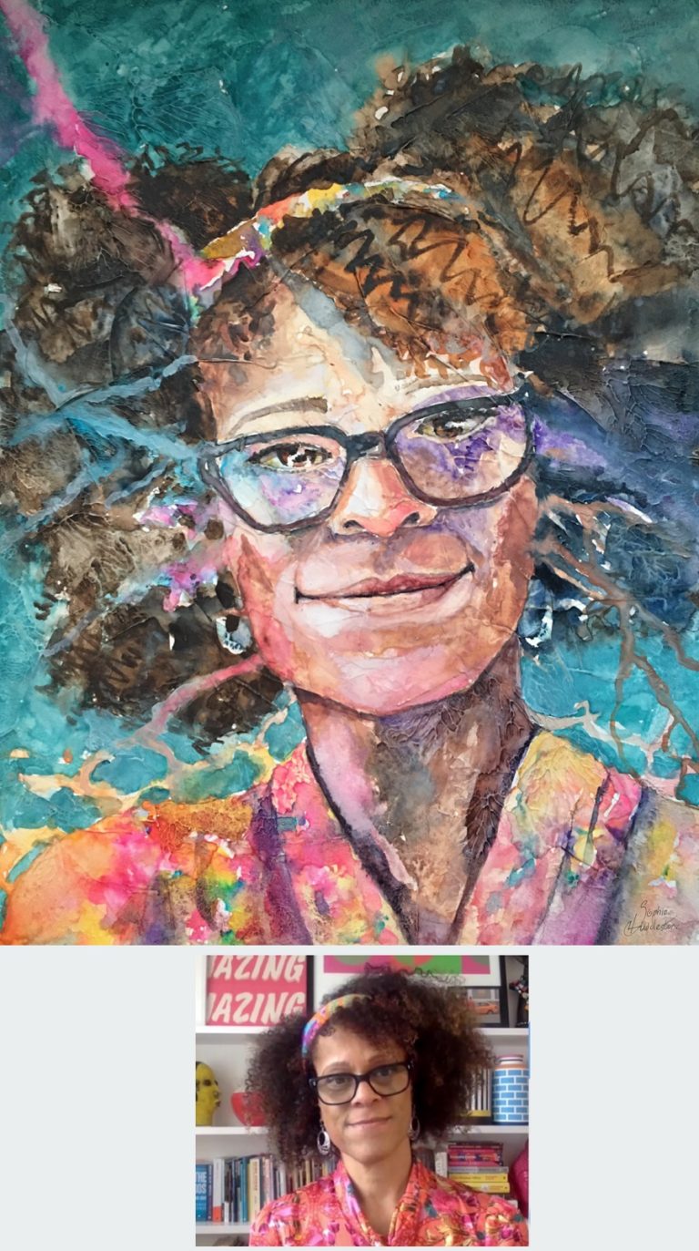 TEXTURED WATERCOLOUR - Portrait of Bernadine Evaristo in Textured watercolours size 12x9 inches on watercolour paper, by Sophie Huddlestone 2020. Lively colours for a lively character.