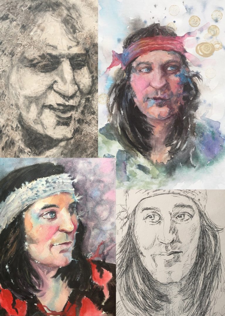 WATERCOLOUR, PEN and CHARCOAL - a selection of portrait sketches of Noel Fielding. The ink pen drawing at the bottom right was selected for the floating wall gallery on Portrait Artist Of The Week television program, on Sky Arts. 2020 By Sophie Huddlestone.