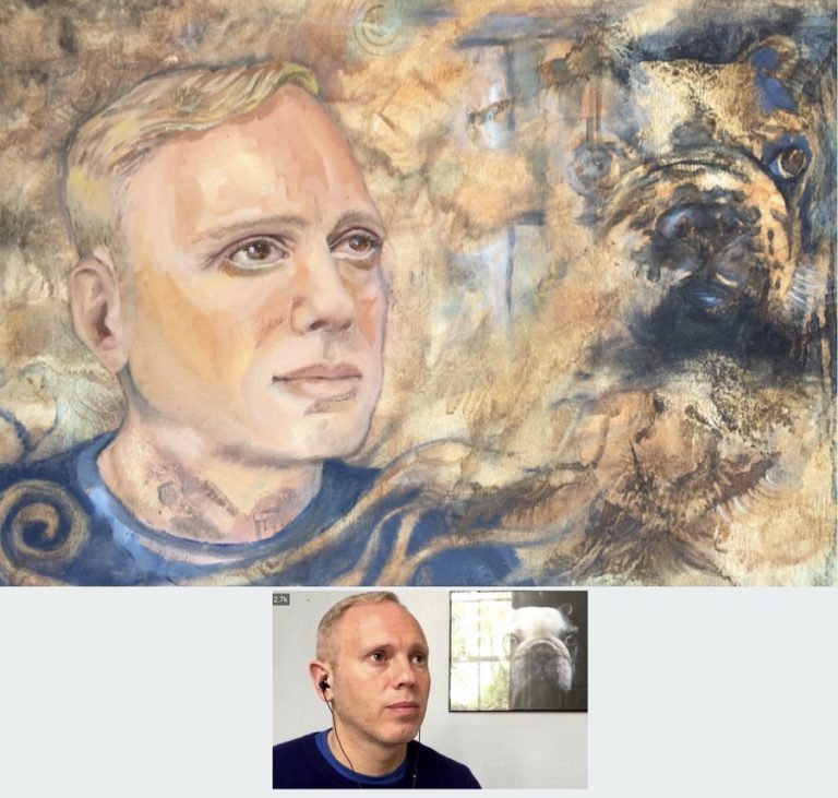WATERCOLOUR & OIL PORTRAIT - portrait of Judge Rinder in oil paints and watercolours on canvas board size A3. The reflection below the dog appeared while mixing splashes of colour for a background, it was not intended, but triggered the ideas on how to develop the portrait composition and feel. By Sophie Huddlestone 2020.
