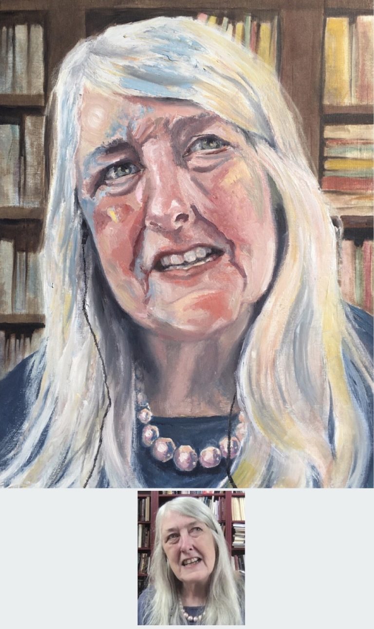 OIL PORTRAIT - of Dame Mary Beard painted in oil paints on 14x10 inch canvas textured paper. A portrait of Mary in mid conversation. The background has a variety of colours on one side of the book shelf and keeping just to the cooler blue and brown shades on the other side, this is to focus the direction of her gaze as being present in colourful conversation which lights up the room. 2020 by Sophie Huddlestone.
