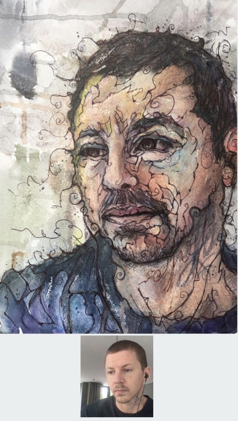 WATERCOLOUR and INK - portrait in a patterened abstract style of Professor Green. Created with watercolours, ink and wax on size 14x10 inch watercolour paper. 2020 By Sophie Huddlestone