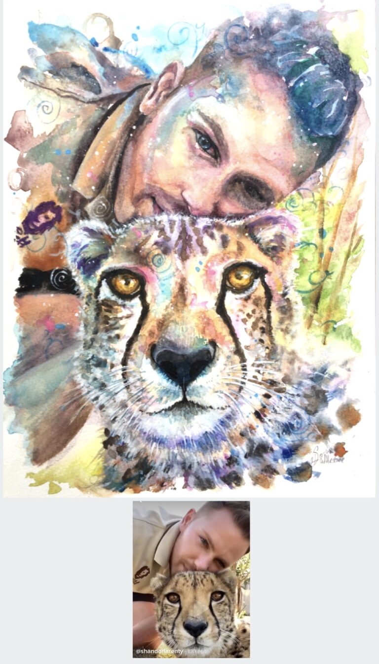 Watercolour portrait - of Shandor Larenty from the Lion and Safari park in South Africa. I wanted to capture the warm connection he has with his animals with a contemporary colourful style. Painted onto watercolour paper size 12" x 9". 2020 by Sophie Huddlestone.