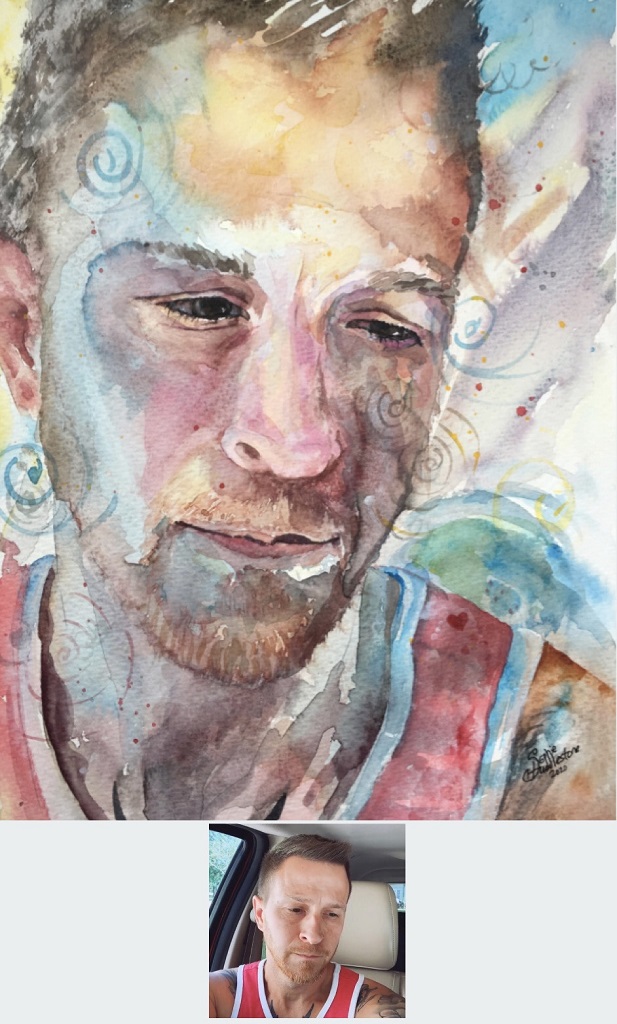 Watercolour - portrait of Robert Sims, size 12" x 9" called 12 positive vibes. By Sophie Huddlestone 2020. To watch this painting being created you can view a post on my TikTok @swirlysoph