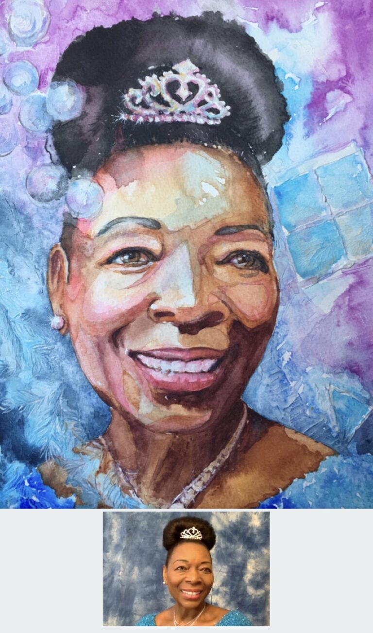 Watercolour and texture paste - portrait of Baroness Floella Benjamine. Capturing a gentle pause and smile as she connects with people that reach out to her. Round and square shapes from her playschool TV days, and Caribbean leaves referencing her roots. size 12"x9". By Sophie Huddlestone 2020
