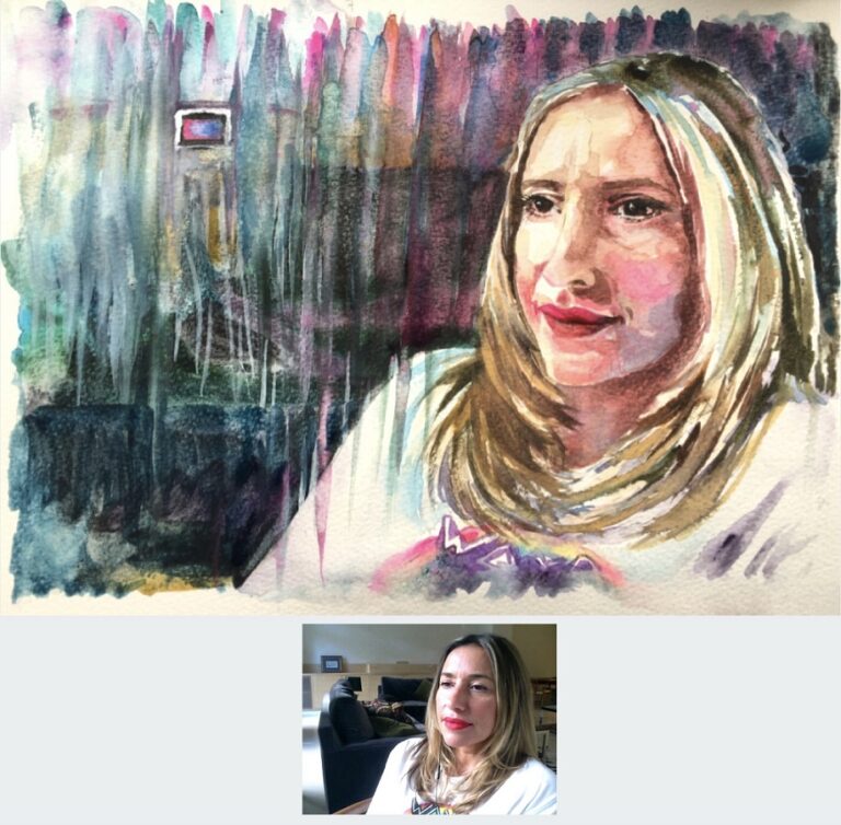 Watercolour - portrait of Melanie Blatt size 12" x 9" by Sophie Huddlestone 2020. The painted small square box you see in the top corner represents a home sweet home picture which she had in her home.