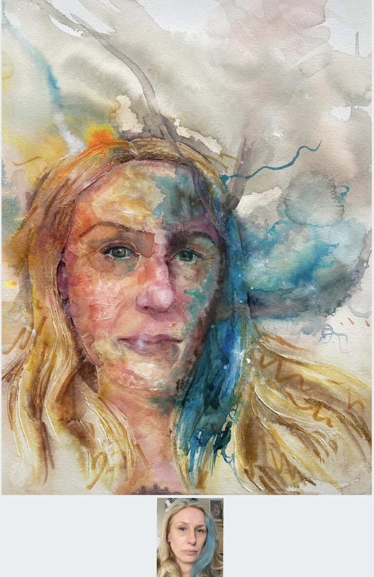 WATERCOLOUR, INKS AND TEXTURE PASTE - this self portrait has been entered into the 'Ruth Borchard self portrait prize' competition 2023. It is a self portrait inspired from atmospheric dust particles to now, we are all made from moving particles at the scale of atoms and subatomic particles. Our range of emotions are wide and make us human, but our true self may conceal these emotions. I myself on social media portray myself as a funny dizzy person yet I am a very deep thinker and quite shy. The expression on the face I wanted to be so un set that depending on the viewers mood at the time of looking at the portrait they themselves will predict that is the same emotion in the portrait, so this painting will change its mood depending on your mood. To do this I studied the Mona Lisa painting and came to my own conclusion that her expression was formed due to each of the eyes and sides of the moth were opposite emotions to each other. The left eye was smiling, left side of the mouth melancholy, right eye deep in thought and right side of the mouth smiling. So I criss crossed the emotions on my self portrait for the same effect of puzzling the viewer. The title of the painting contains an anagram of Mona Lisa. This portrait is size 16x12 inch on watercolour paper, painted in texture paste, watercolour pens, and watercolours. By Sophie Huddlestone 2023